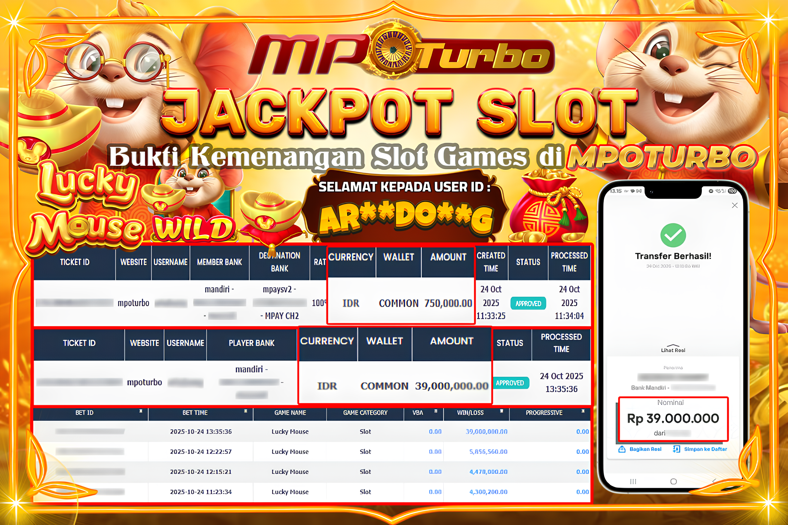 MPOTURBO JACKPOT LUCKY MOUSE - FAT PANDA Rp 39,000,000.00,- LUNAS